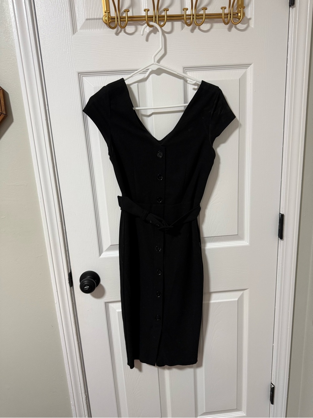 Express Black V-Neck Button Front Midi Dress with Waist Tie